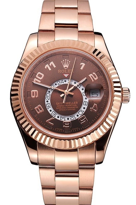 AAA Replica Watches Case Dweller Rolex Sky Brown Rose Dial Leather Brown Gold Strap 0527